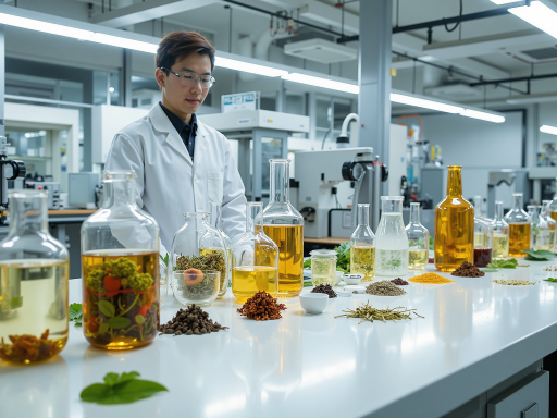 Moistar beauty laboratory, scientists working with natural ingredients, modern equipment, clean environment