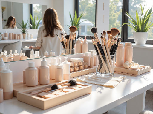 Professional beauty consultation, modern spa setting, beauty expert demonstrating products, natural lighting